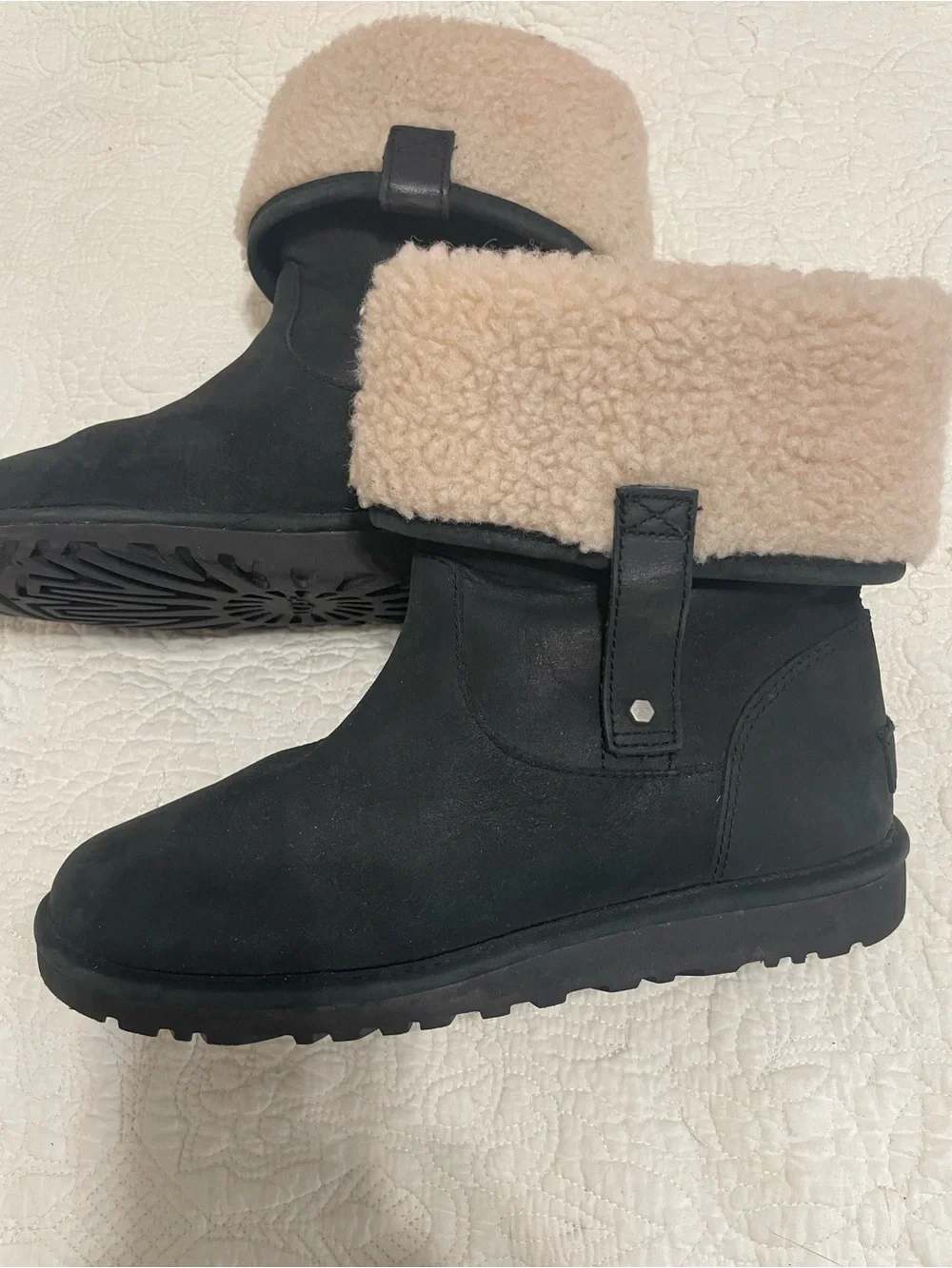 UGG Women’s Black Ankle Boots with Shearling Cuff-size 8